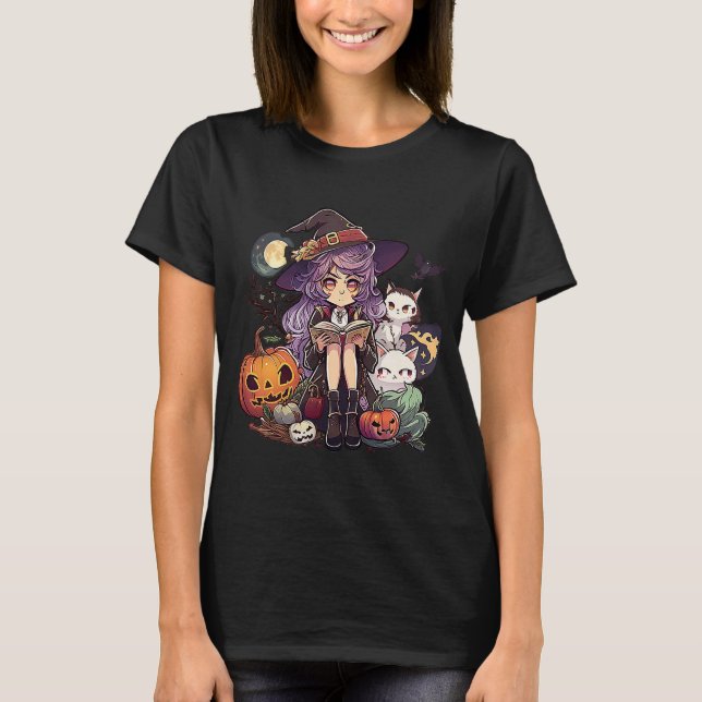 Camiseta Halloween Night Time Jovens Bruxas Lendo com Gatos (Frente)