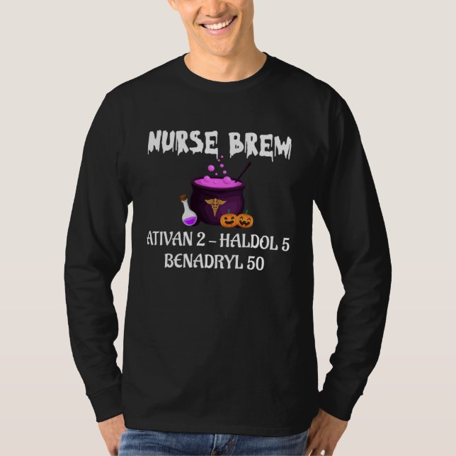 Camiseta Halloween Nurse Brew Ativan 2 Haldol 5 Benadryl 50 (Frente)