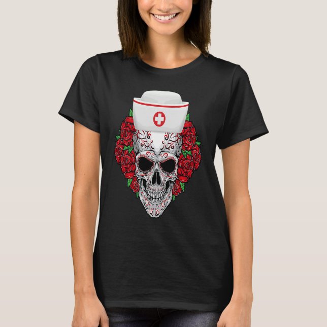 Camiseta Halloween Nurse Sugar Skull Day of the Dead (Frente)