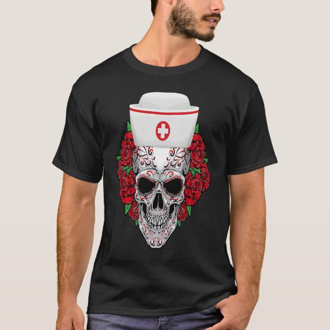 Camiseta Halloween Nurse Sugar Skull Day of the Dead (Frente)