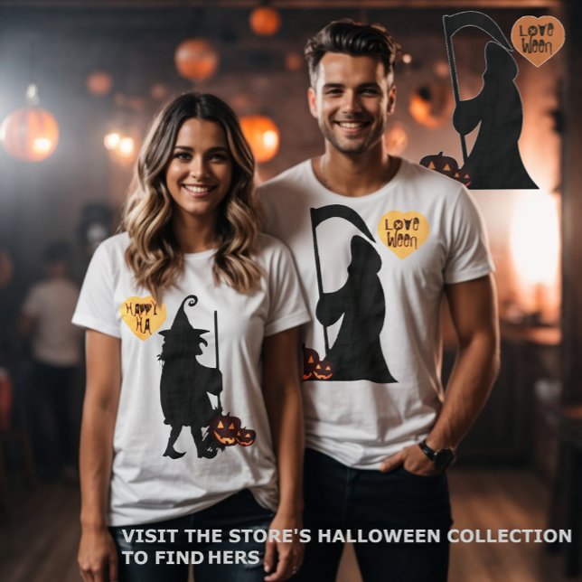 Camiseta Halloween O Ceifador Apaixonado (Halloween funny couples matching tee. The reaper and the witch. )