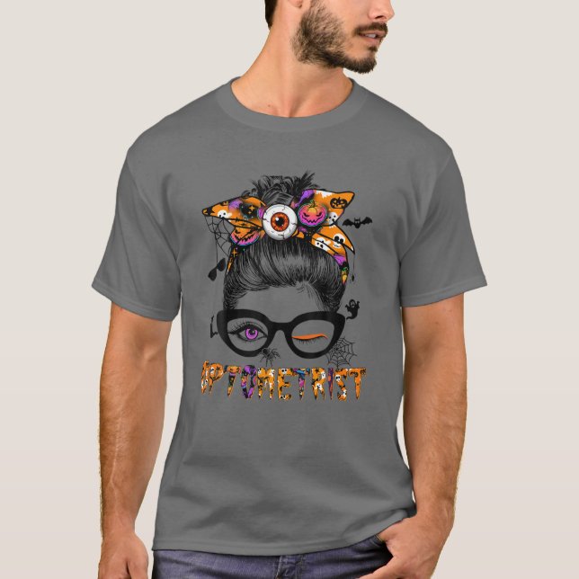 Camiseta Halloween Optometrista Costume Messy Bun Hair Wome (Frente)