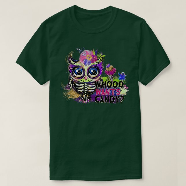 Camiseta Halloween Owl Quer Candy Gothic Skeleton Flo (Frente do Design)