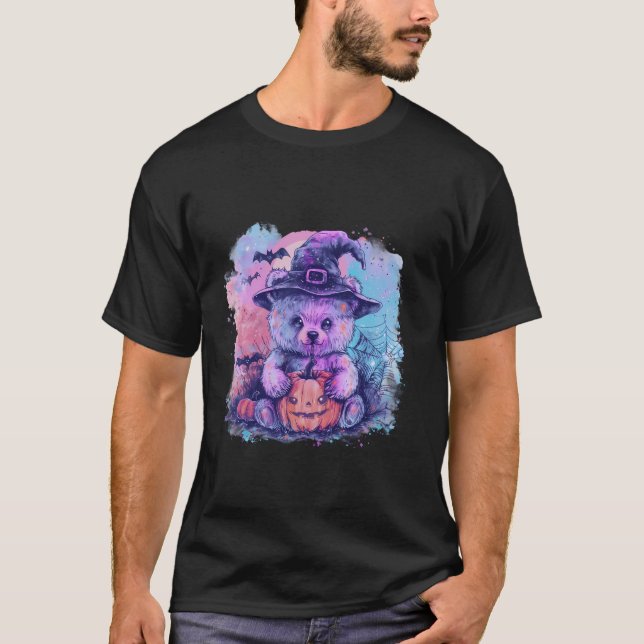 Camiseta Halloween Panda Bear Bruxa Hat Pumpkin Bats Spider (Frente)