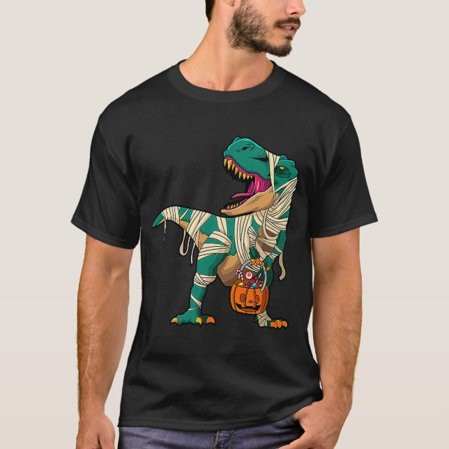 Camiseta Halloween para Meninos Dinossauro T rex Mummy Pump (Frente)