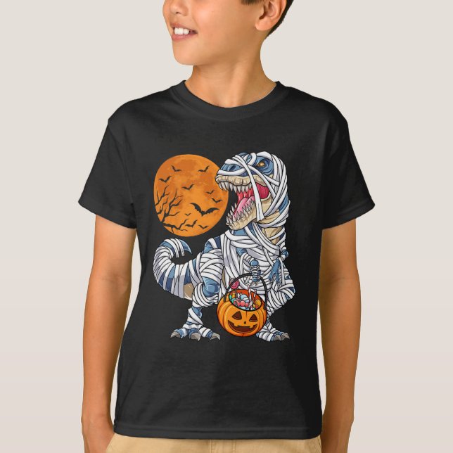 Camiseta Halloween Para Meninos Dinossauro T Rex Mummy Pump (Frente)
