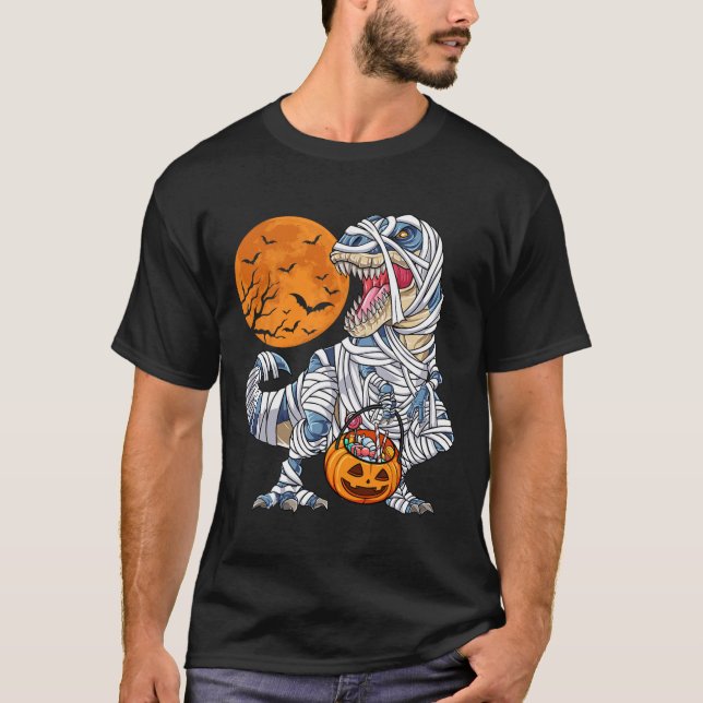 Camiseta Halloween Para Meninos Dinossauro T Rex Mummy Pump (Frente)