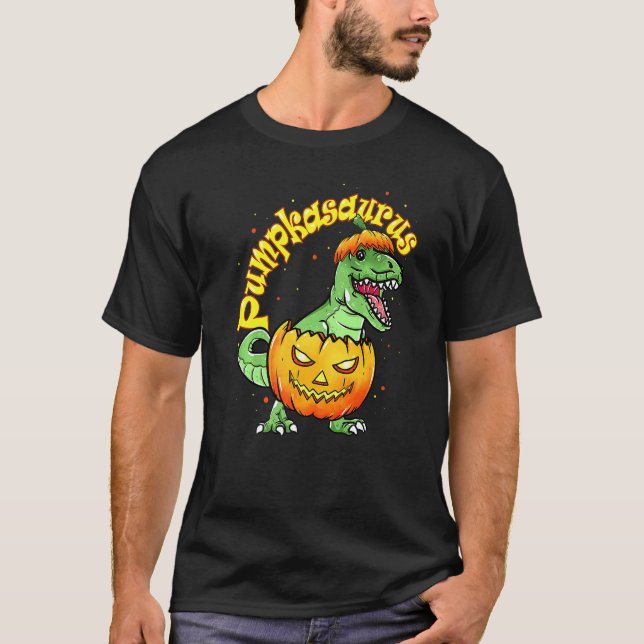 Camiseta Halloween para Meninos Pumpkasaurus Dinossaur Pump (Frente)