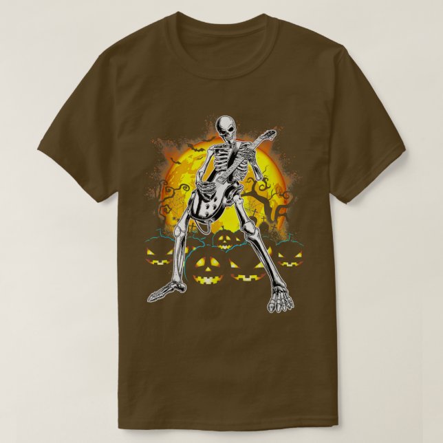 Camiseta Halloween Party Skeleton Playing Guitar Pumpkin Me (Frente do Design)
