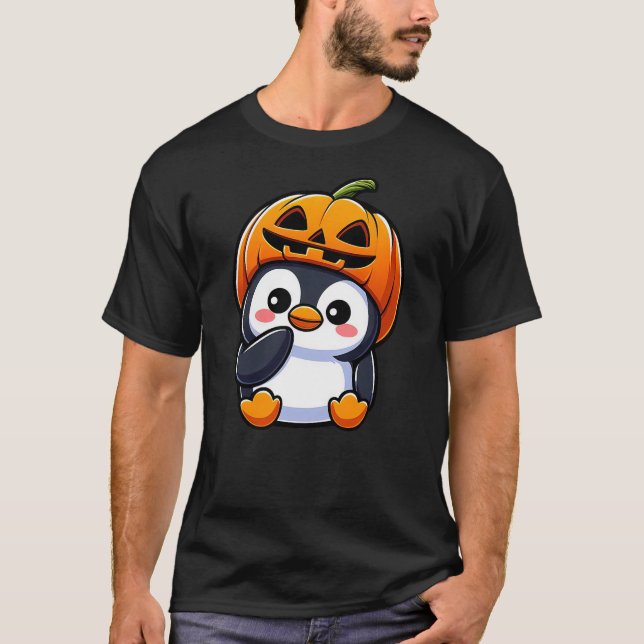 Camiseta Halloween Penguin Pumpkin Hat (Frente)