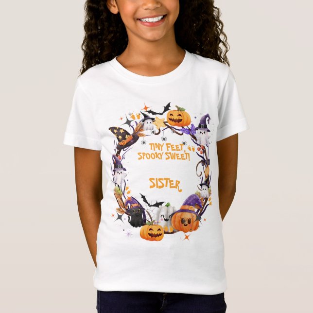 Camiseta Halloween Pequeno Pé, Spooky Doce Chá de fraldas S (Frente)