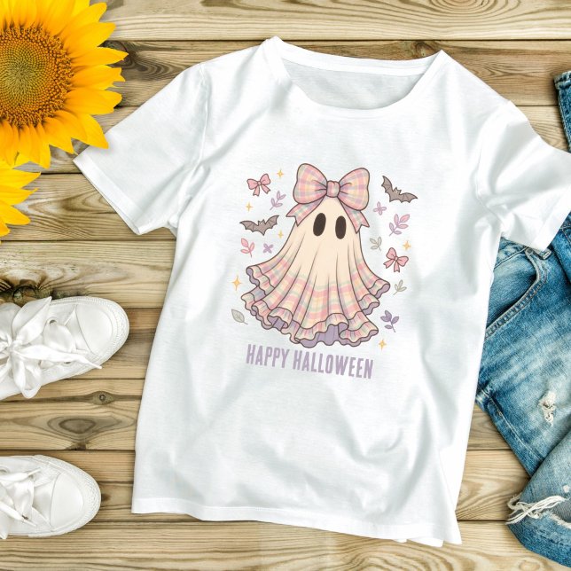 Camiseta Halloween personalizado de coquete de Arco fantasm (Pastel Plaid Preppy Ghost Coquette Bow Halloween T-shirt for her)