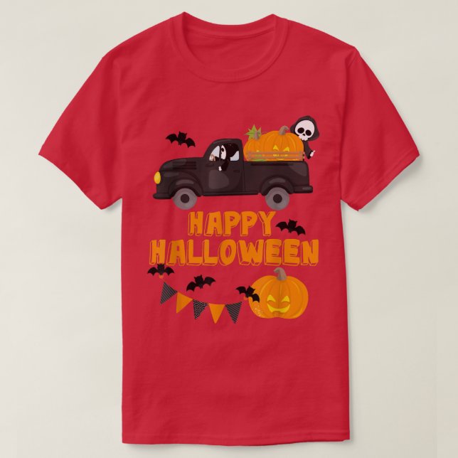 Camiseta Halloween Pickup Pumpkin Feliz Halloween Tru (Frente do Design)