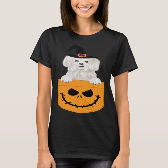 Camiseta Halloween Pocket Maltese Scary Jack O Lantern (Frente)