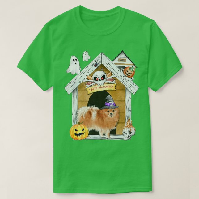 Camiseta Halloween Pomeranian Dog Witch Assombrada (Frente do Design)