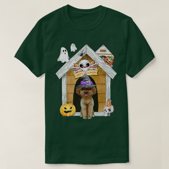 Camiseta Halloween Poodle Dog Witch Assombrou Casa (Frente do Design)