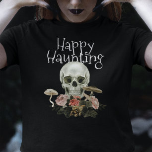 Camiseta Halloween Preto Assustador Caveira Rosa Floral Fem