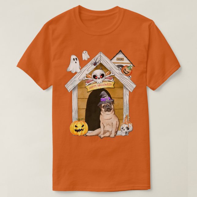 Camiseta Halloween Pug Dog Witch Assombrada (Frente do Design)