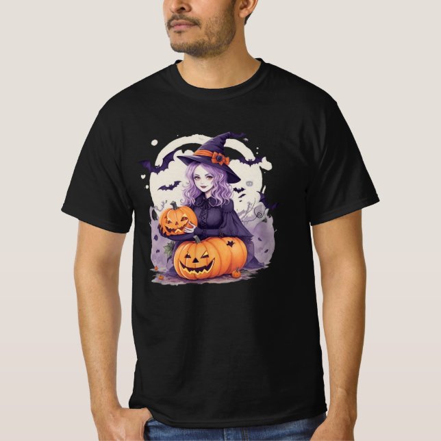 Camiseta halloween pumpkin and halloween witch bats (Frente)
