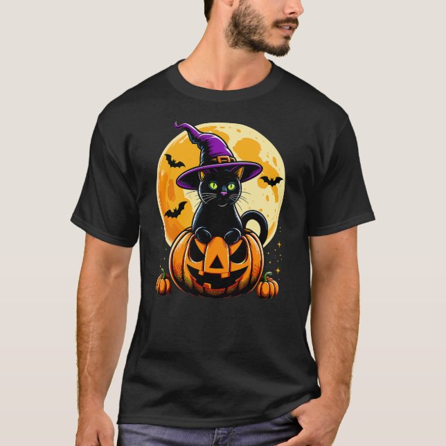 Camiseta Halloween Pumpkin Black Cat (Frente)