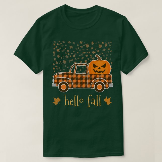 Camiseta Halloween Pumpkin Buffalo Xadrez Caminhão Alô Árvo (Frente do Design)