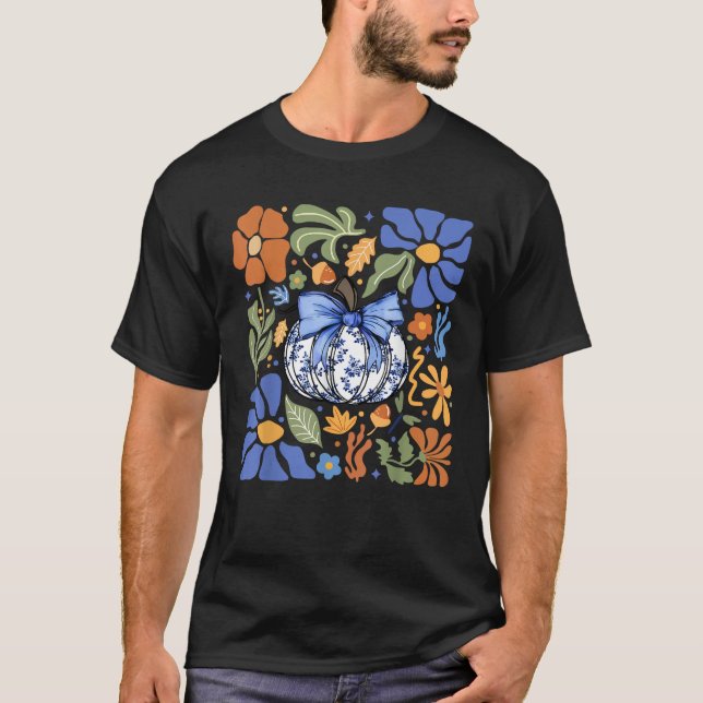 Camiseta Halloween Pumpkin Chinoiserie Blue White Florals P (Frente)