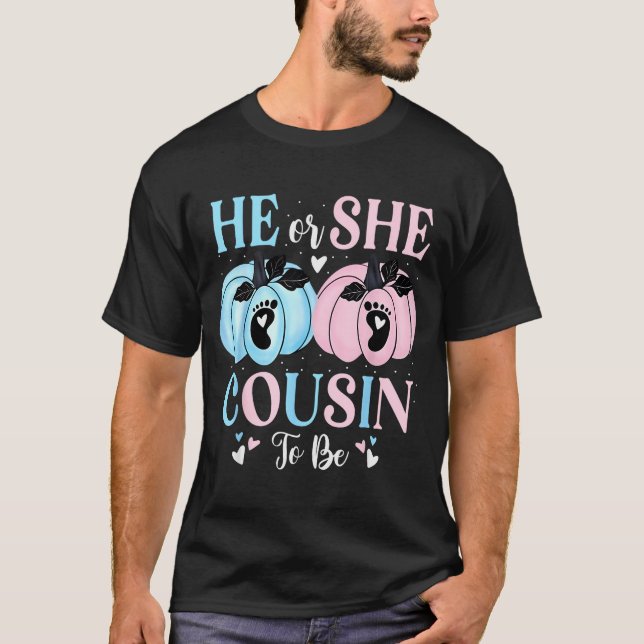 Camiseta Halloween Pumpkin Gender Reveal He Or She Cousin T (Frente)