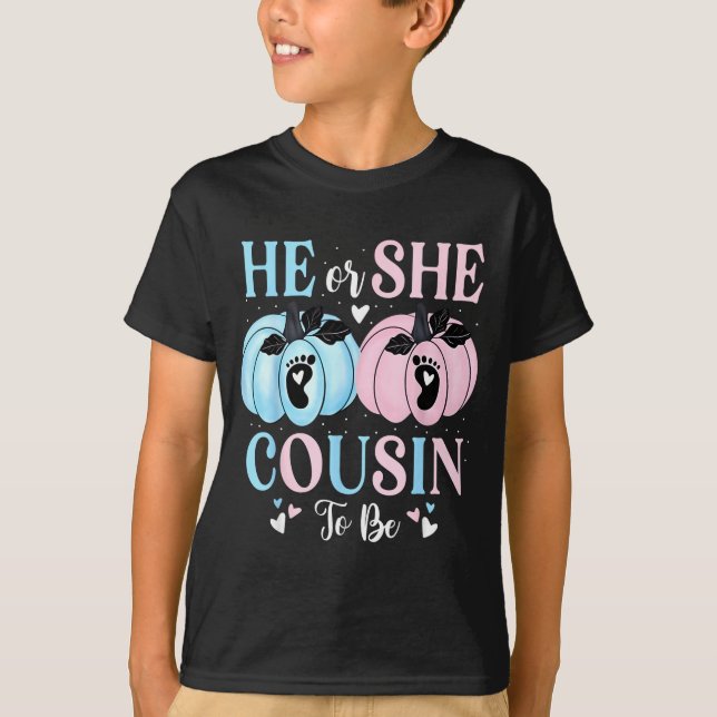 Camiseta Halloween Pumpkin Gender Reveal He Or She Cousin T (Frente)