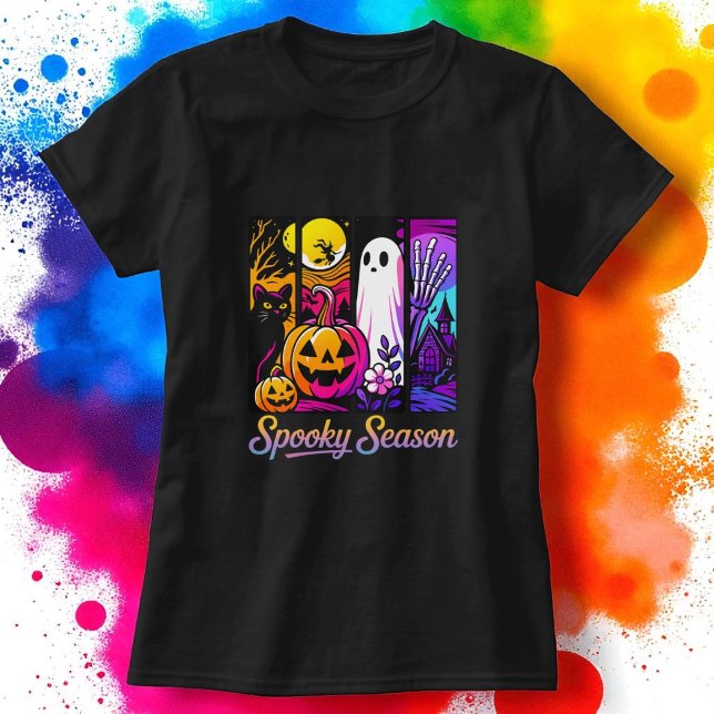 Camiseta Halloween Pumpkin Ghost Pop Art Retro Black (Criador carregado)