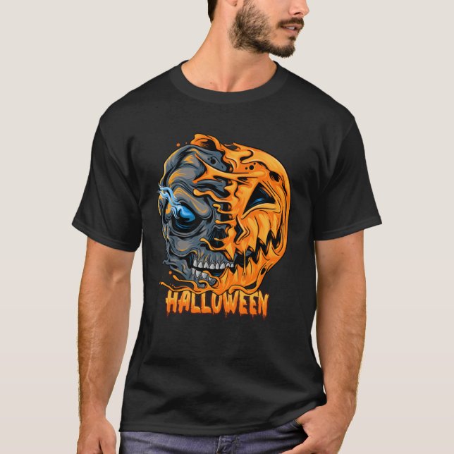 Camiseta Halloween pumpkin half skull looks spooky and cool (Frente)
