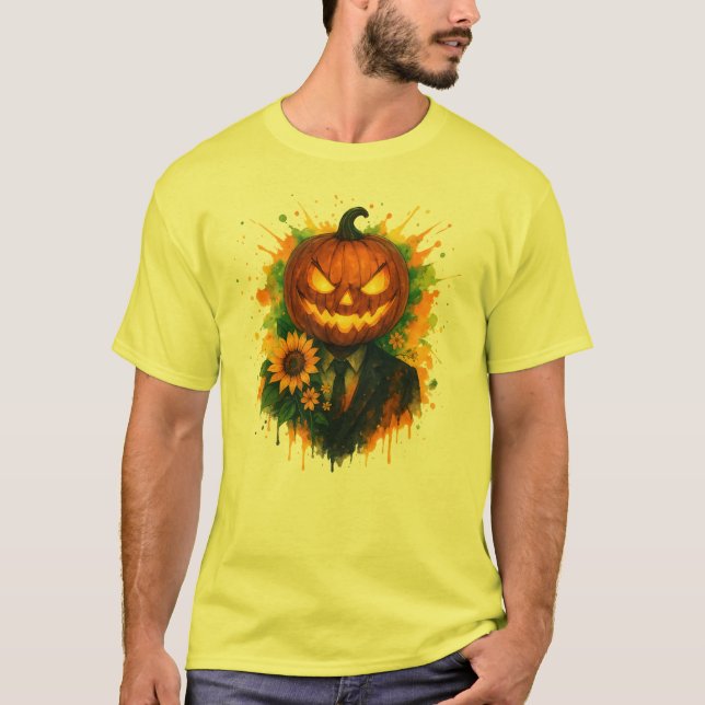 Camiseta Halloween Pumpkin Head Watercolor Art (Frente)