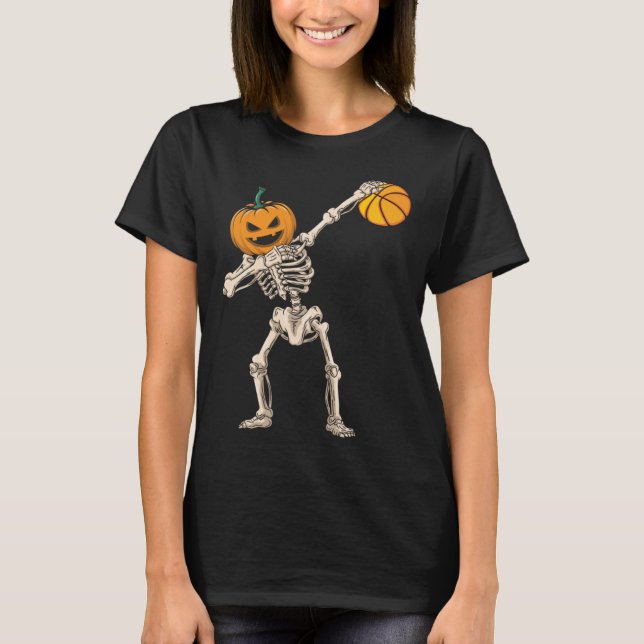 Camiseta Halloween Pumpkin Skeleton Basketball Dabbing (Frente)