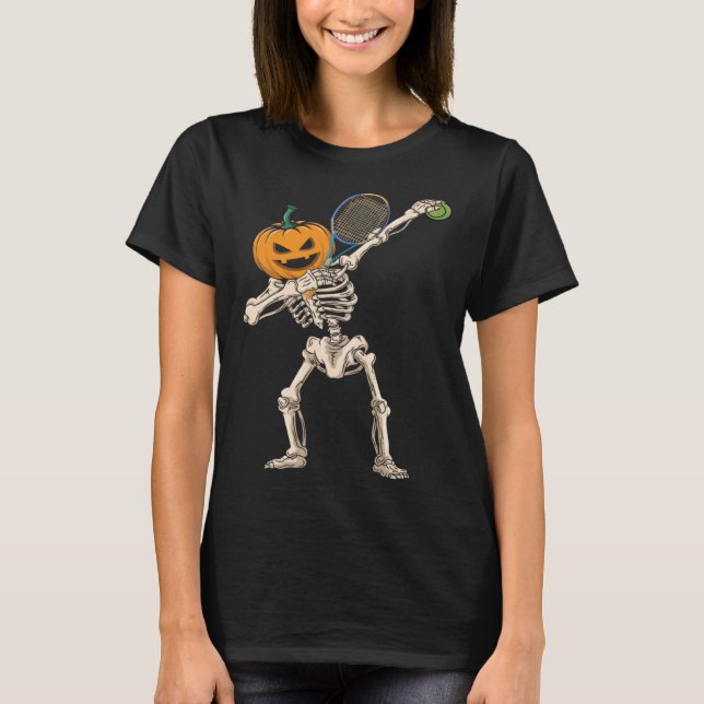 Camiseta Halloween Pumpkin Skeleton Tennis Dabbing (Frente)