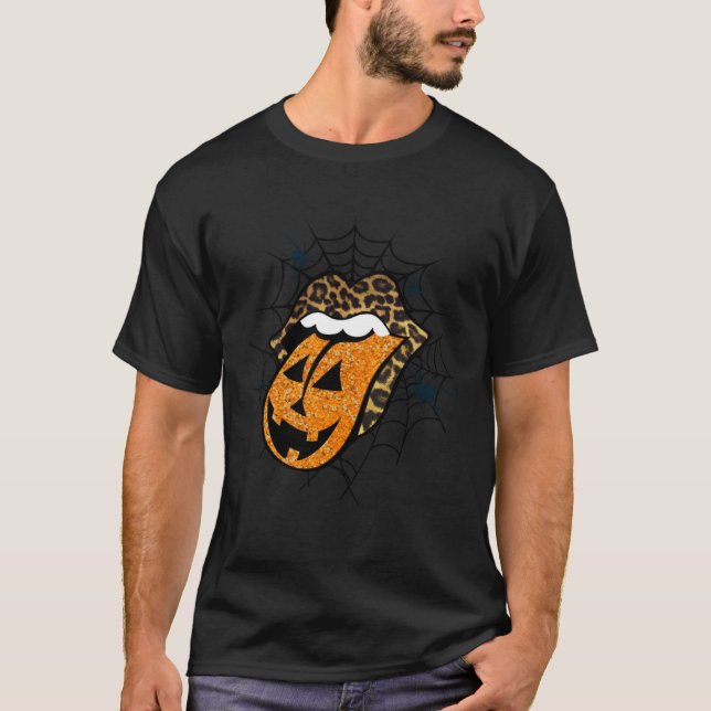 Camiseta Halloween Pumpkin Tongue and Leopard Lips (Frente)