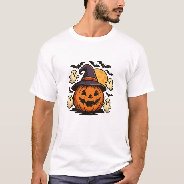 Camiseta Halloween Pumpkin Witch Hat T-Shirt 🎃 (Frente)