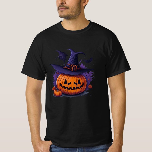 Camiseta halloween pumpkin with a witch hat (Frente)