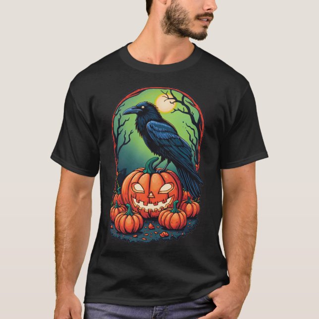 Camiseta Halloween Raven em um Pumpkin Patch (Frente)