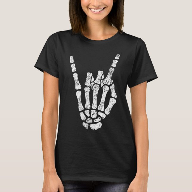 Camiseta Halloween Rock Hand Sinal Skeleton Rock N Roll Sym (Frente)