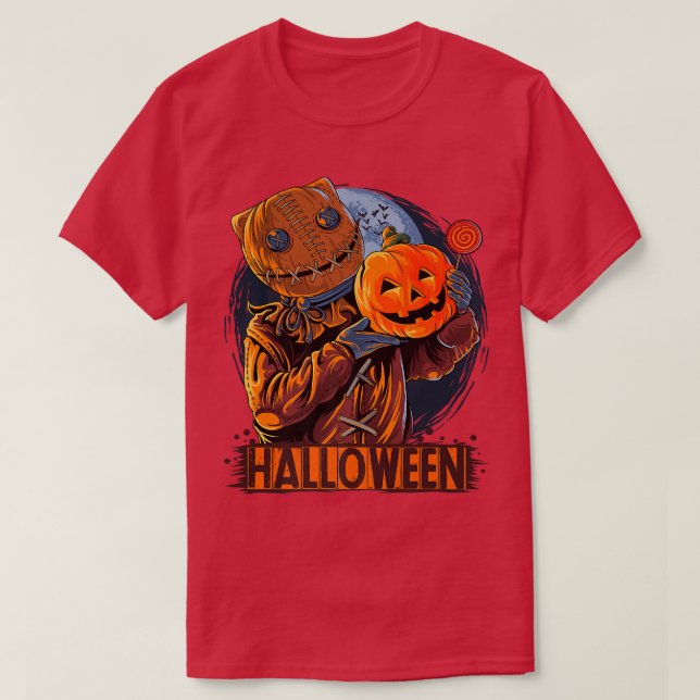 Camiseta Halloween Sack Masked Man Carrying Pumpkin And Can (Frente do Design)