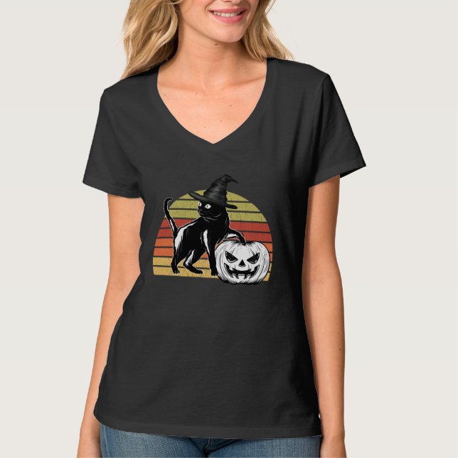 Camiseta Halloween Scary Black Cat Witch Hat Pumpkin JackOL (Frente)