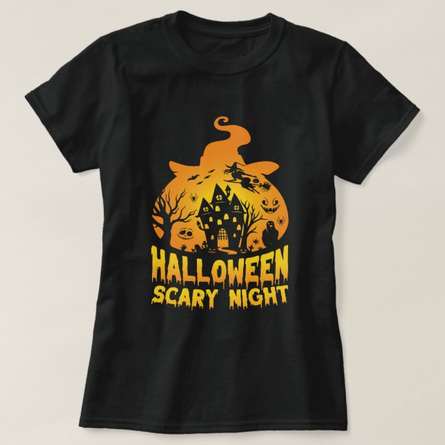 Camiseta Halloween Scary Night Hauning House Design (Frente do Design)