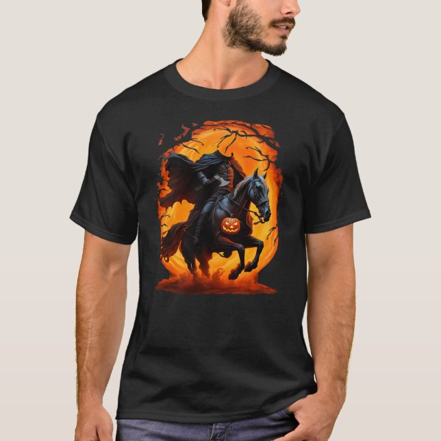 Camiseta Halloween Scary Pumpkin Headless Horseman Horse Ri (Frente)