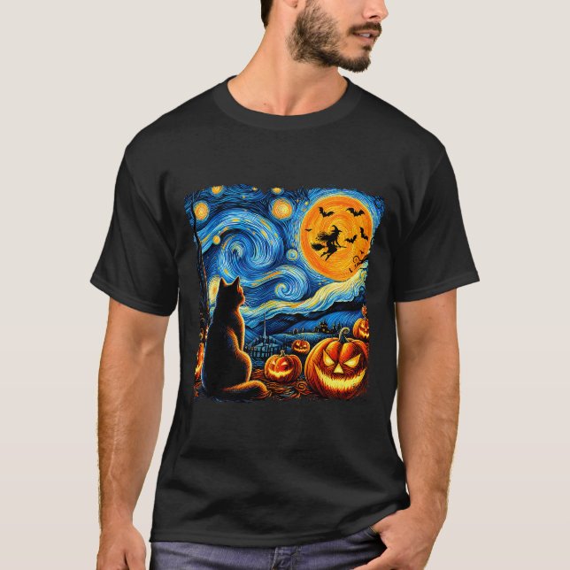 Camiseta Halloween Shirt Men Women Black Cat Pumpkins Bats  (Frente)