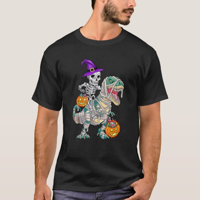Camiseta Halloween Skeleton Andando Mummy Dinosaur Rex Pump (Frente)