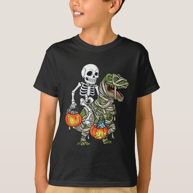 Camiseta Halloween Skeleton Andando Mummy Dinossaur T Rex D (Frente)