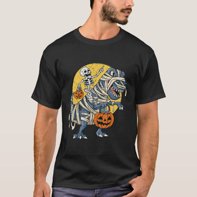 Camiseta Halloween Skeleton Andando Mummy Dinossaur T rex P (Frente)