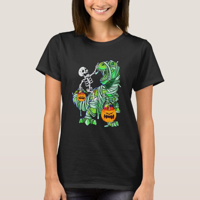 Camiseta Halloween Skeleton Andando Mummy Rex Dinosaur Kids (Frente)