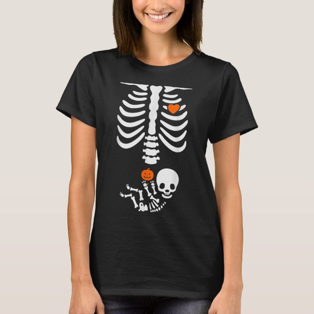 Camiseta Halloween Skeleton Baby Rib Cage Pregnant Pumpkin  (Frente)
