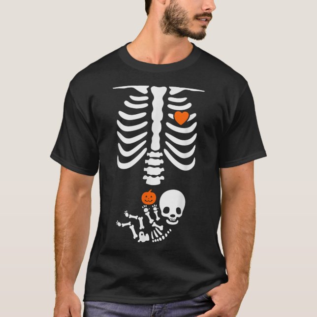 Camiseta Halloween Skeleton Baby Rib Cage Pregnant Pumpkin  (Frente)