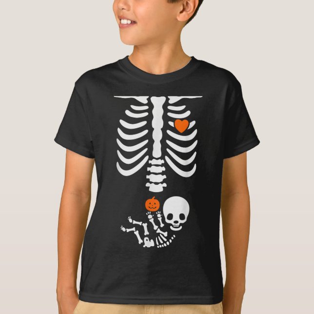 Camiseta Halloween Skeleton Baby Rib Cage Pregnant Pumpkin  (Frente)